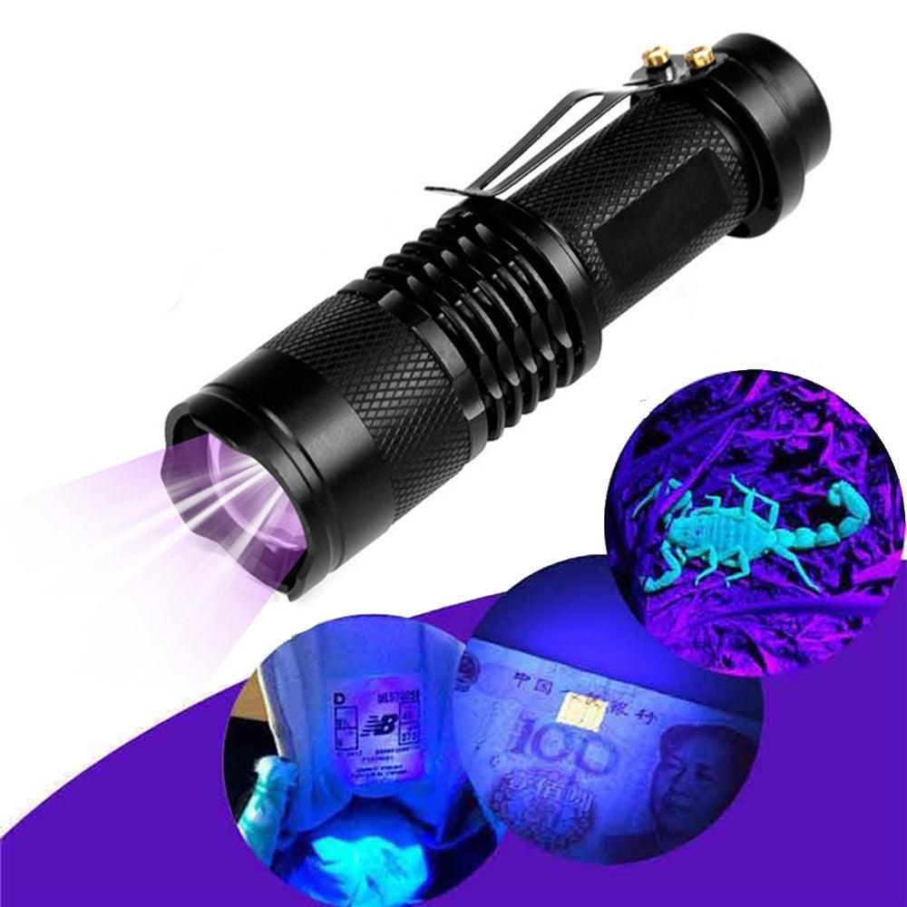 Mini LED Zoomable UV Flashlight Ultraviolet Flashlight Black Light Fake Bill and Urine Stain Detector- Battery Operated-UV Flashlight-Svetila.eu